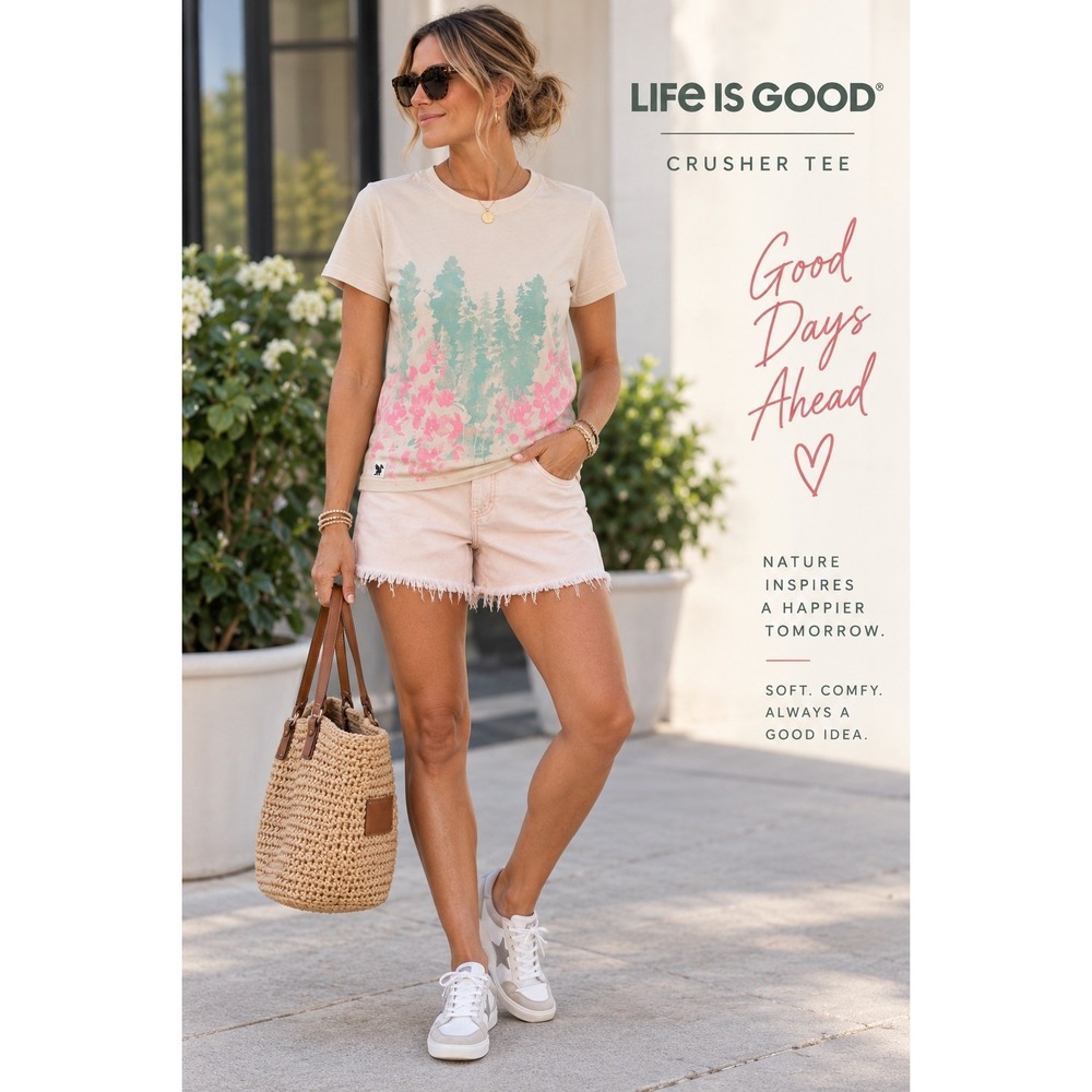 Life is Good Crusher Tee Womens Large Beige Tree Flower Graphic T-Shirt Cotton